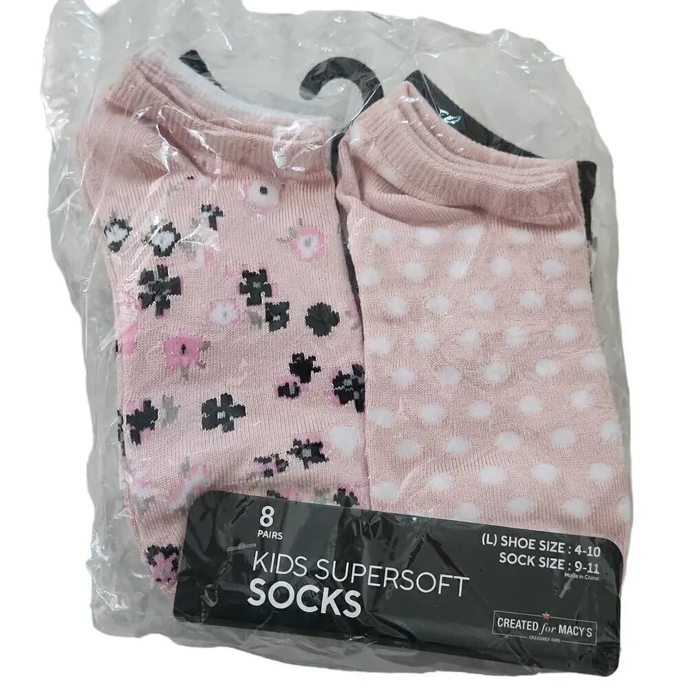 8 Pairs Kids Super Soft Ankle Socks Asst Pattern Pink Black White Gray Size 4-10